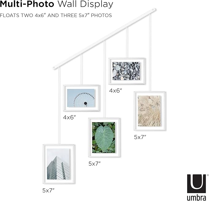 Umbra Exhibit Picture Frame Gallery Set, Adjustable Wall Collage Displays Five Photos (Two 4x6 and Three 5x7), Set of 5, White