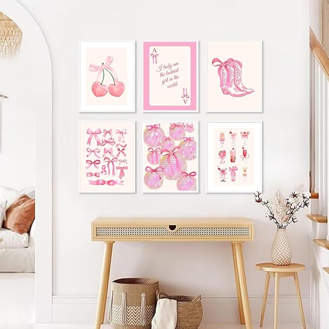 Uniro Coquette Room Decor Pink, Trendy Bows Wall Art Posters for Girls Dorm Bedroom Decor, Cute Coquette Posters, Coquette Wall Decor, Preppy Room Decor Aesthetic, Girly Wall Art Prints Ball Cherry Bow Room Decor for Apartment Decor- 8x10Inch|UNFRAMED