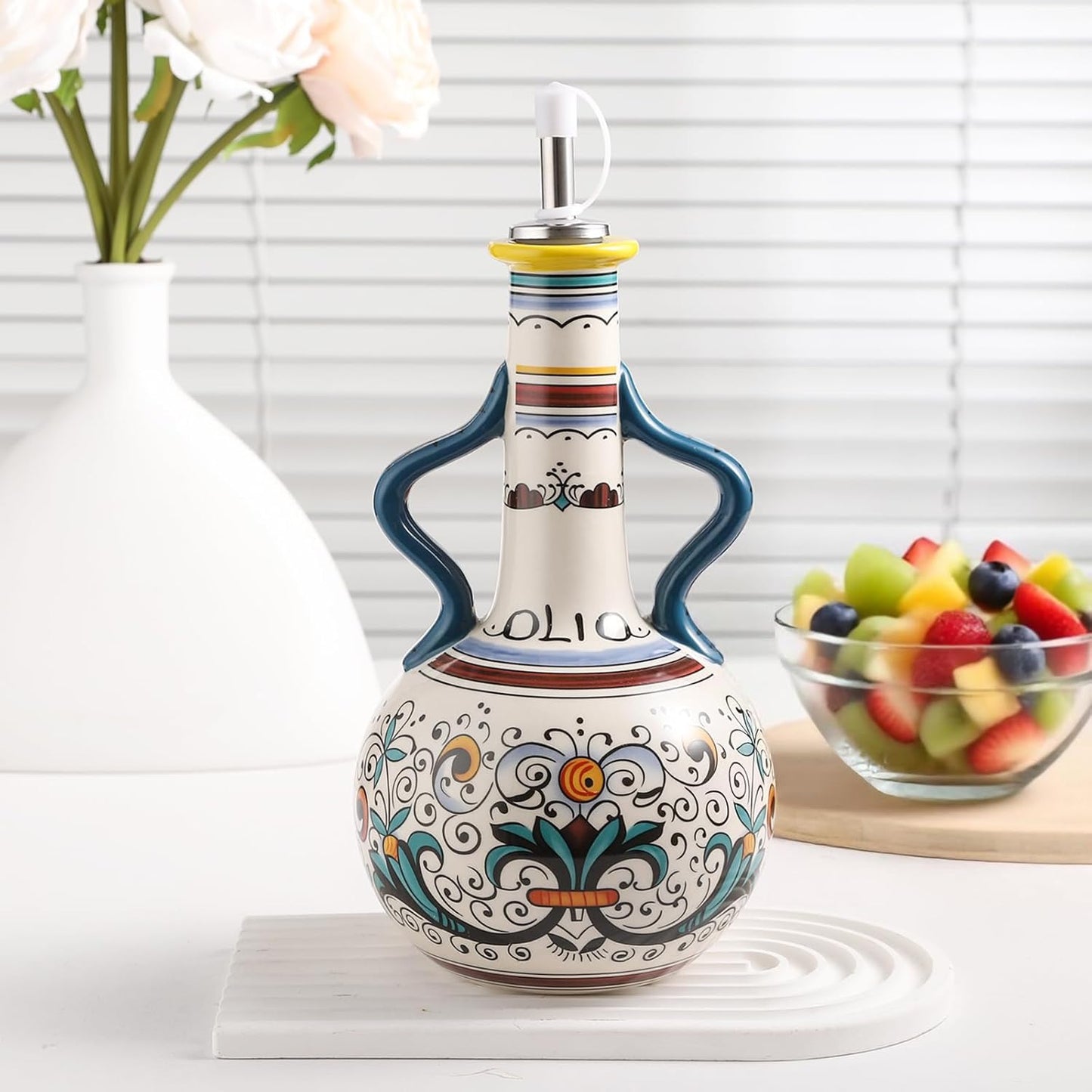 Ceramic Olive Oil Dispenser Bottle 23oz with Handles, Hand Painted Multi-Use Oil Cruet & Flower Vase, Decorative Stoneware Kitchen Cruet with Stainless Steel Spout for Oils, Sauces, Vinegar (B)