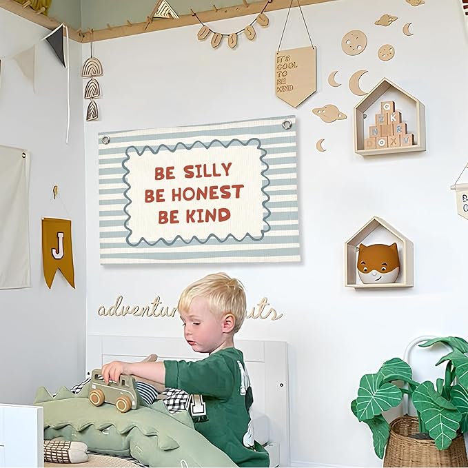 Blue Kids Room Decor, Boy Nursery Decor Boho Retro Classroom Wall Hanging Canvas Banner, Be Silly Honest Kind Classroom Wall Art Decor for Kids Nursery Toddler Room Bedroom Playroom, 30x20 Inch