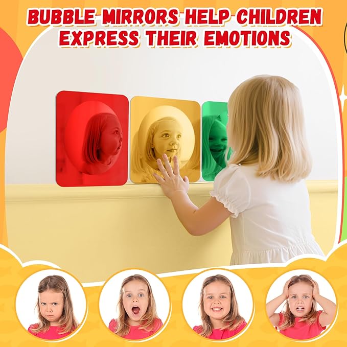 Geiserailie 3 Pcs Sensory Wall Mirror Acrylic Bubble Mirror Toys for Calming Corner Items - Sensory Room Have Visual, Tactile Stimulation (6 x 6 Inch,Red,Yellow,Green)