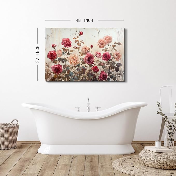 Pink Rose Wall Art for Living Room Decor Vintage Roses Flowers Wall Decor Retro Floral Canvas Prints Pictures Rustic Farmhouse Flower Paintings Artwork for Bedroom Bathroom Home Decorations 32x48"