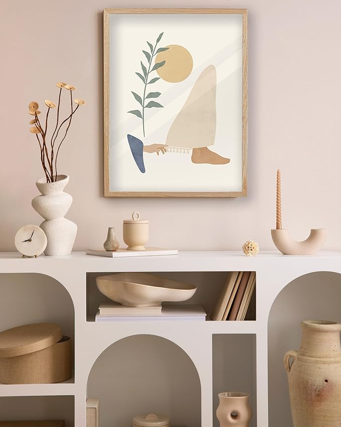 KensTro Natural OAK Wood Beige Boho Christian Framed Wall Art, 16x20 in Mid Century Modern Woman Touches Jesus Robe,Jesus Heals a Woman Canvas Art,Minimalist Religious 1Pack for Living Room Bedroom