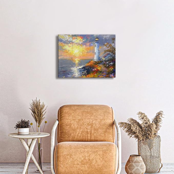 Coastal Wall Art Lighthouse Decor Beach Bathroom Decor Nature Ocean Landscape Canvas Prints Pictures Modern Nautical Seascape Painting Artwork for Kitchen Bedroom Living Room Home Decoration 12x16"