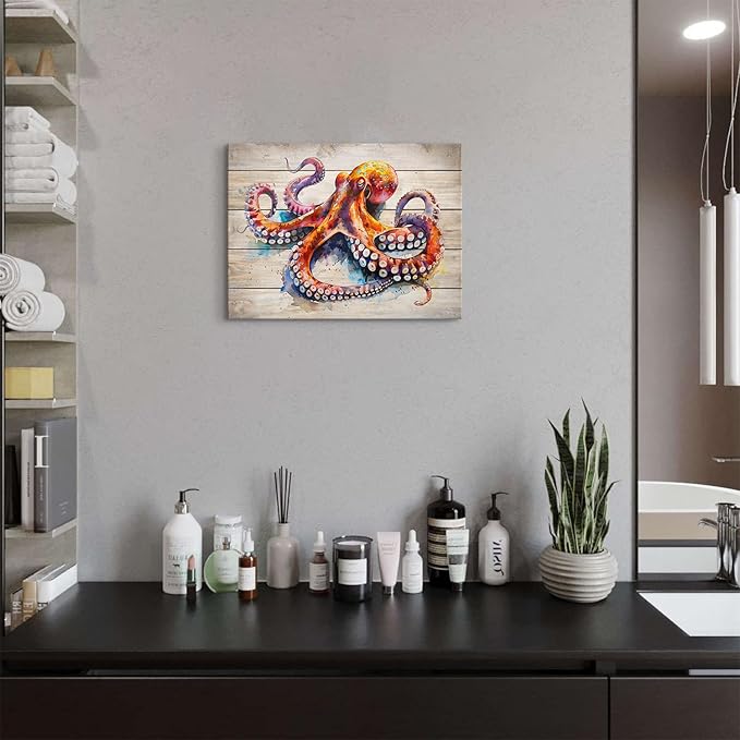 Ocean Bathroom Decor Octopus Wall Art Nautical Sea Animal Canvas Prints Rustic Marine Life Poster Vintage Coastal Pictures Painting Farmhouse Artwork for Bedroom Living Room Home Decoration 12x16"