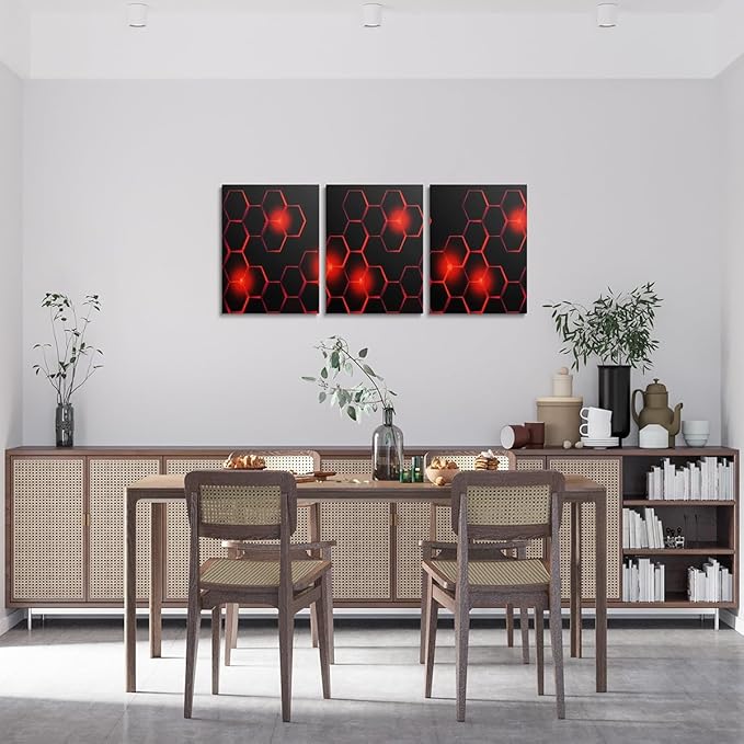 Feelyou Kids Honeycomb Canvas Wall Art 3 Piece 12" x 16" Ice Sports Games Picture Wall Decor Geometrical Office Wall Decorations Artwork Posters Beehive Geometric Black Red Wall Painting