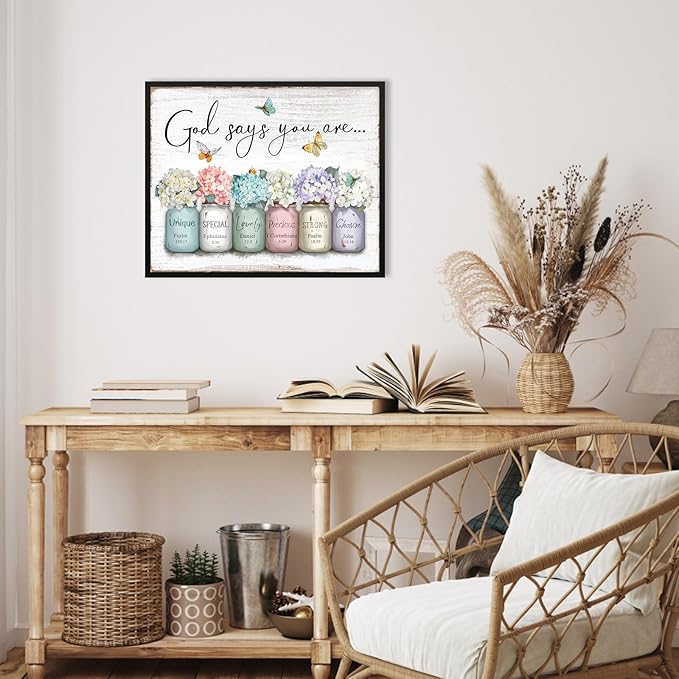 God Says You Are Wall Art: Inspirational Quotes Christian Wall Art Bible Verses Wall Decor Religious Gifts for Women Girls,Hydrangea Flower in Mason Jar Picture Poster Bedroom Decor 16"x20"