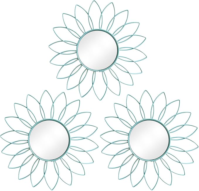 3 Pack Metal Mirrors for Wall Sunburst Wall Mirrors Home Décor Decorative Hanging Wall Art for Living Room Bedroom Entryway (Blue, Flowers)