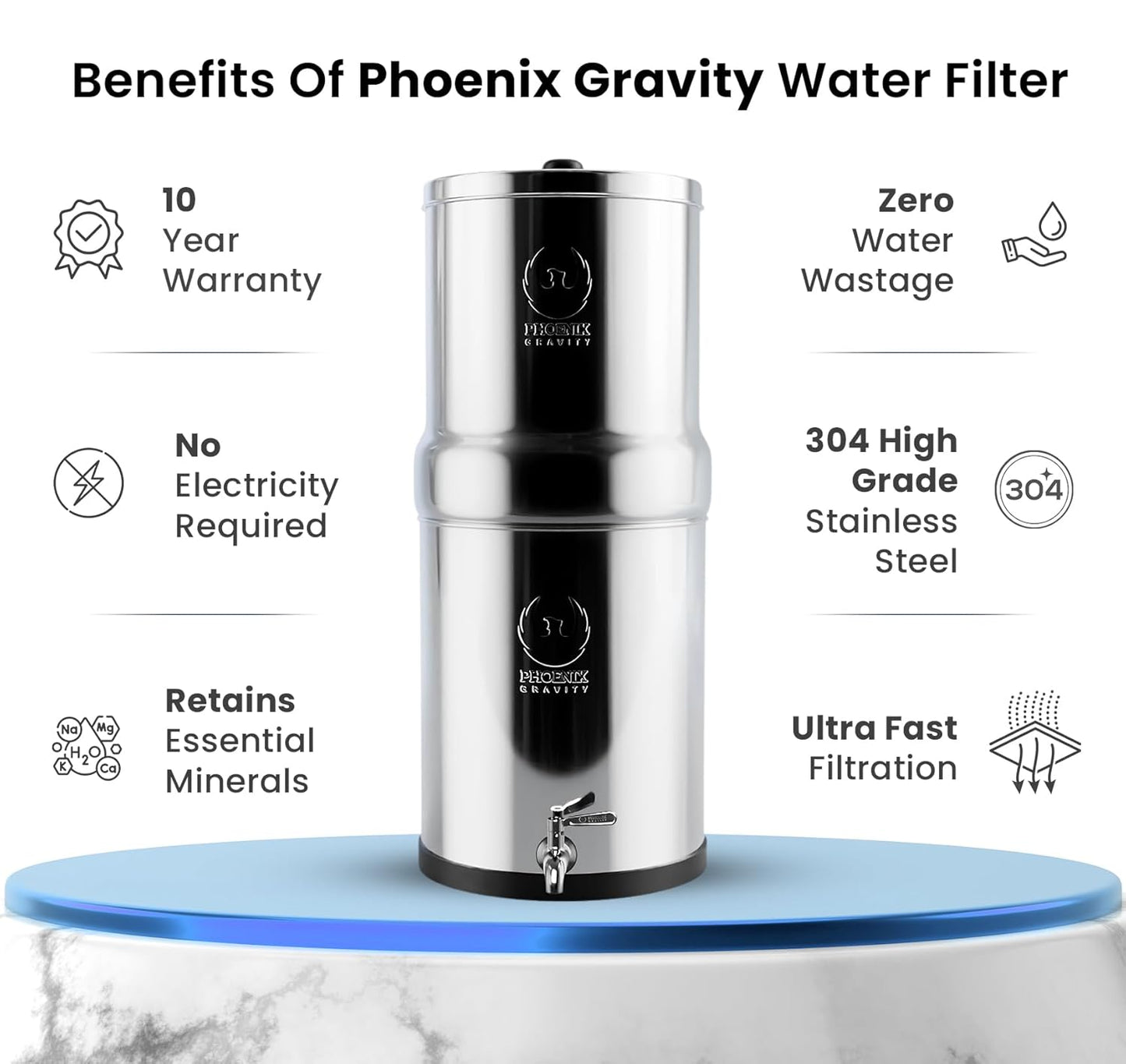 3.25 Gallons NSF Certified AISI 304 Stainless Steel Water Filter with 2 Smart Carbon (Black) Filters, 2 POSTreat Steel Fluoride Removal Elements & Free Stainless Steel Spigot