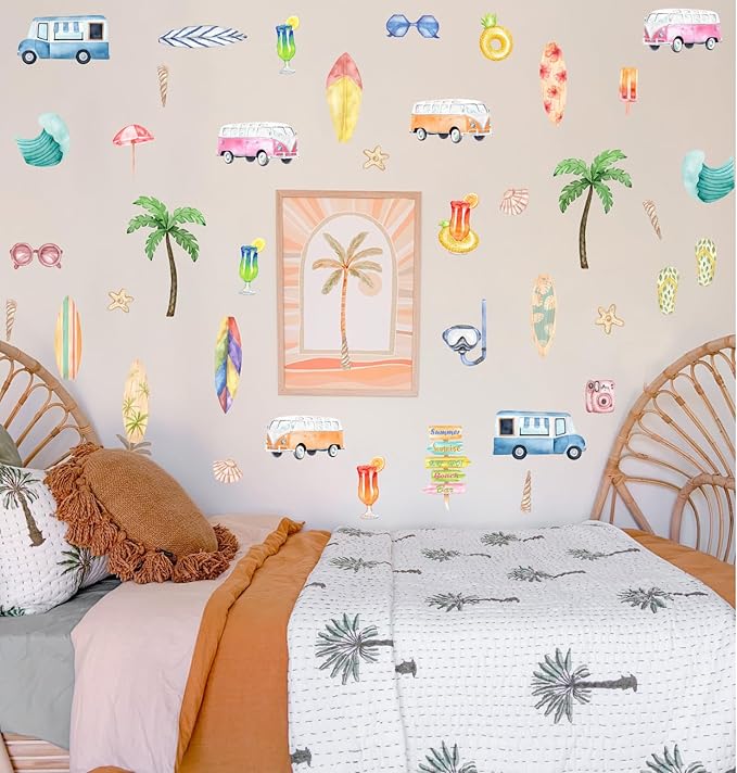Watercolor Summer Surfing Wall Decal, Palm Tree Juice Surfboard Car Vinyl Wall Stickers, Removable Surfer Beach Artwork for Kids Bedroom Playroom Decor