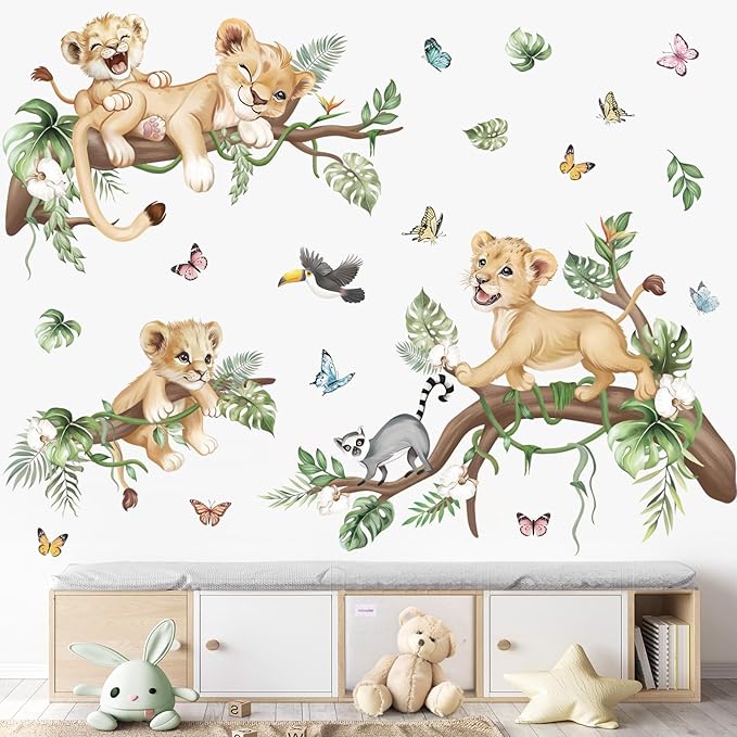 wondever Safari Animal Lions Wall Stickers Jungle Animals Tree Branch Butterfly Peel and Stick Wall Art Decals for Baby Nursery Kids Bedroom Living Room
