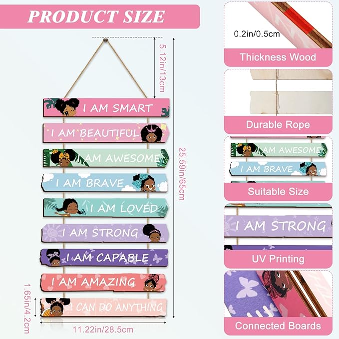 Set of 9 Black Girl Wall Art Decor Wood Motivational Girl Room Wall Art Rainbow Color Positive Inspirational Hanging Sign for Baby Kids Teen Present Bedroom Nursery Decoration