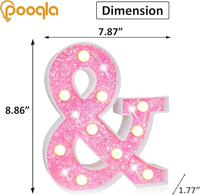 Pooqla LED Marquee Letter Lights, Light Up Pink Letters Glitter Alphabet Letter Sign Battery Powered for Night Light Birthday Party Wedding Girls Gifts Home Bar Christmas Decoration, Pink &