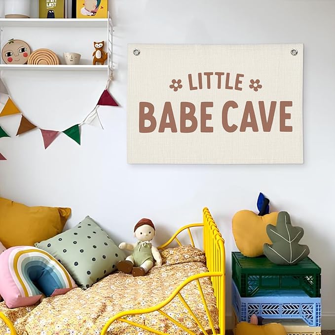 Little Babe Cave Banner, Baby Girl Nursery Decor, Toddler Boy Girl Room Decor, Baby Shower Flower Linen Canvas Banner Wall Hanging Flag 20x30 Inch