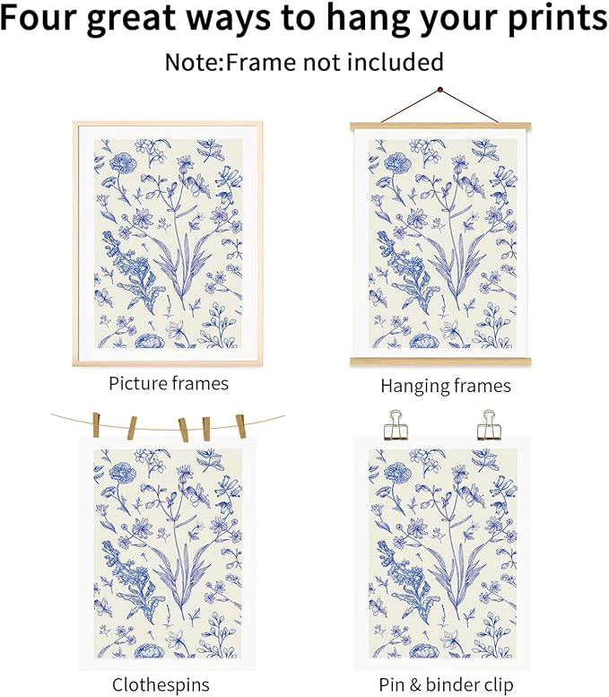 LYPHNX Blue White Chinoiserie Floral Poster Wall Art Navy Watercolor Flower Canva Painting Set of 3 Minimalist Botanical Wildflower Prints Picture Home Decor for Bedroom Living room 16"x24" UnFramed