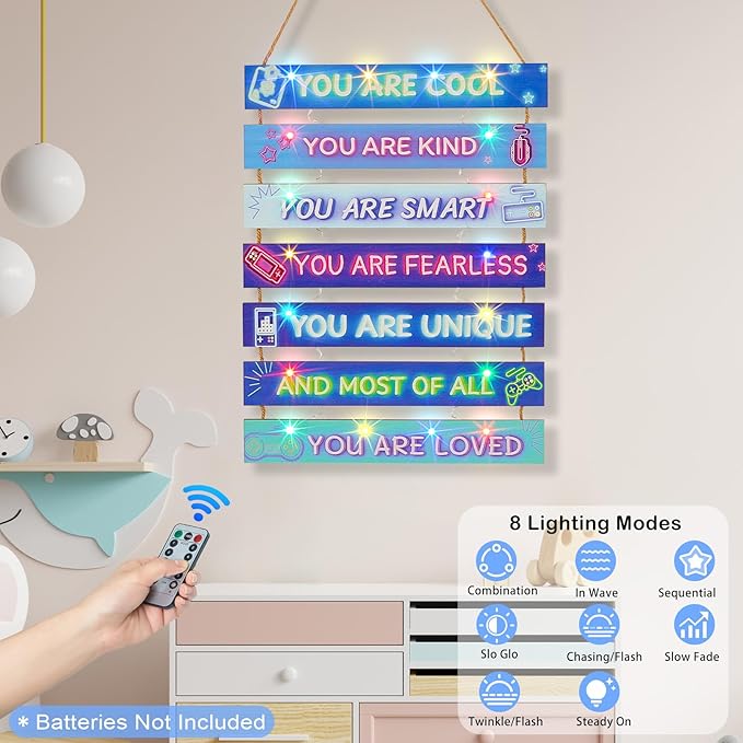 FIOBEE Girls Room Décor for Teen Girls Boys with LED Light Wall Decor for Bedroom Motivational Inspirational Wall Art Girl Room Decoration for Kids Studyroom, 8 Kinds of Lights, Blue Game