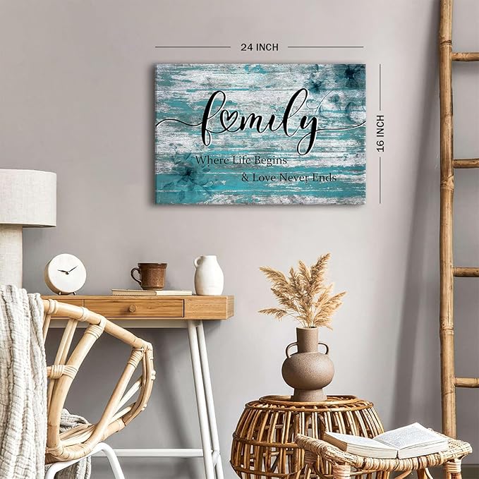 Family Sign Wall Decor Teal Wall Art Where Life Begins Love Never Ends Signs Poster Turquoise Picture Blessed Wall Decor Farmhouse Painting Artwork for Living Room Kitchen Home Decorations 16x24"