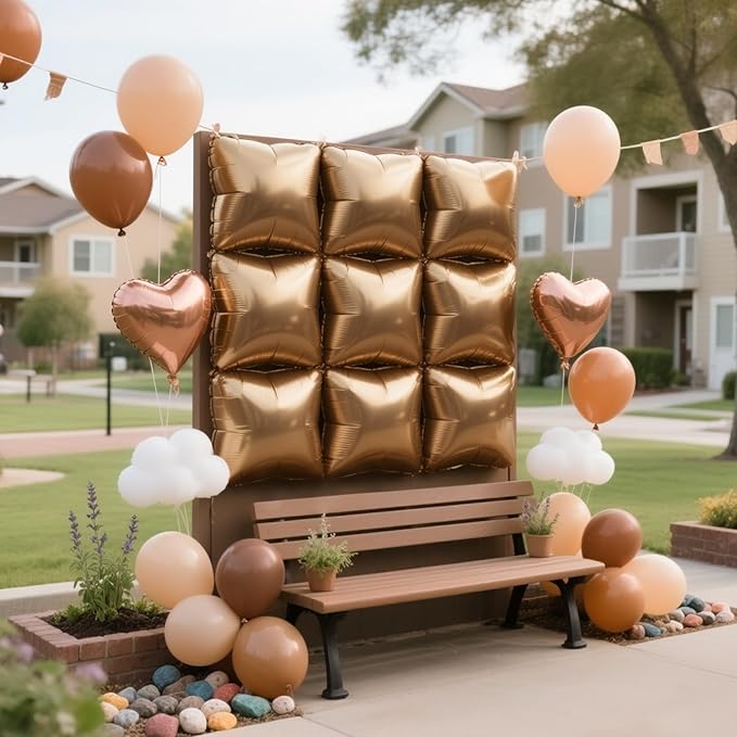 NISOCY Thanksgiving Fall Balloons 25PCS Brown Square Foil Balloons Wall Backdrop Double Sided Brown Balloon Tunnel Arch Kit for Birthday Wedding Graduation Baby Bridal Shower Party Decorations