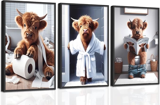 Funny Bathroom Highland Cow Wall Art, Brown Cute Cow Animal Canvas Posters Prints Wall Decor Set of 3, Vintage Rustic Farmhouse Home Painting Pictures for Kids Room Restroom 12x16 Inch Unframed