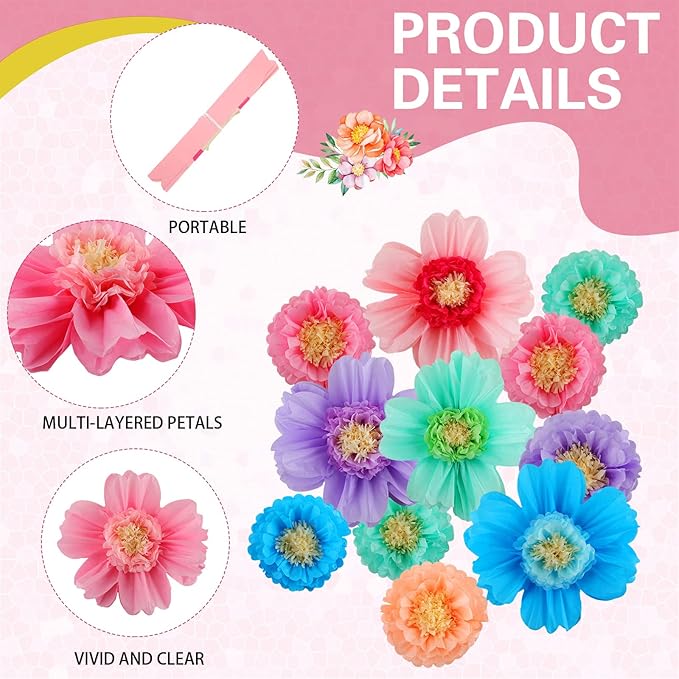 Crowye 12 Pcs Large Colorful Tissue Paper Flowers Decorations 20" Giant Fiesta Craft Crepe Paper Flowers for Wall Decor Backdrop Mexican Wedding Birthday Carnival Party (Colorful)