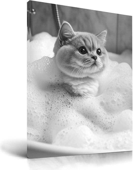 KensTro Funny Bathroom Wall Art Decor,12" x 16" Waterproof Wood Framed Canvas Bathroom Wall Art Picture,Black and White Cat Bathing Wall Art Animal Abstract Prints,Wall Decor for Kid's Room,1Pack Gift