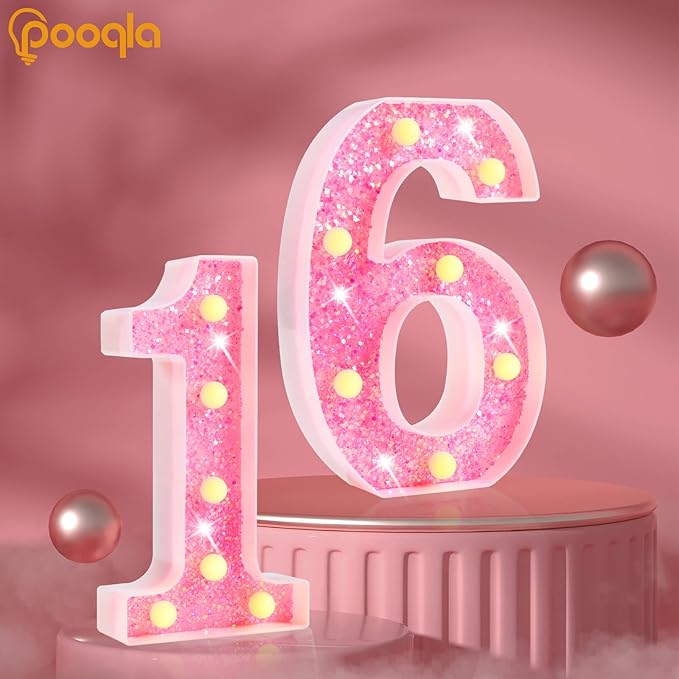 Pooqla Marquee Numbers Lights, light up Numbers Battery Powered, Glitter Lighted Numbers for Girls 1st Birthday Party, Shiny LED Numbers for Christmas Wedding Home Bar Decoration, Pink Number 1