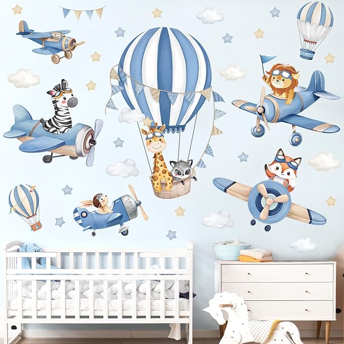 decalmile Blue Hot Air Balloon Animals Wall Decals Airplane Animals Giraffe Lion Fox Wall Stickers Baby Nursery Kids Bedroom Living Room Wall Decor