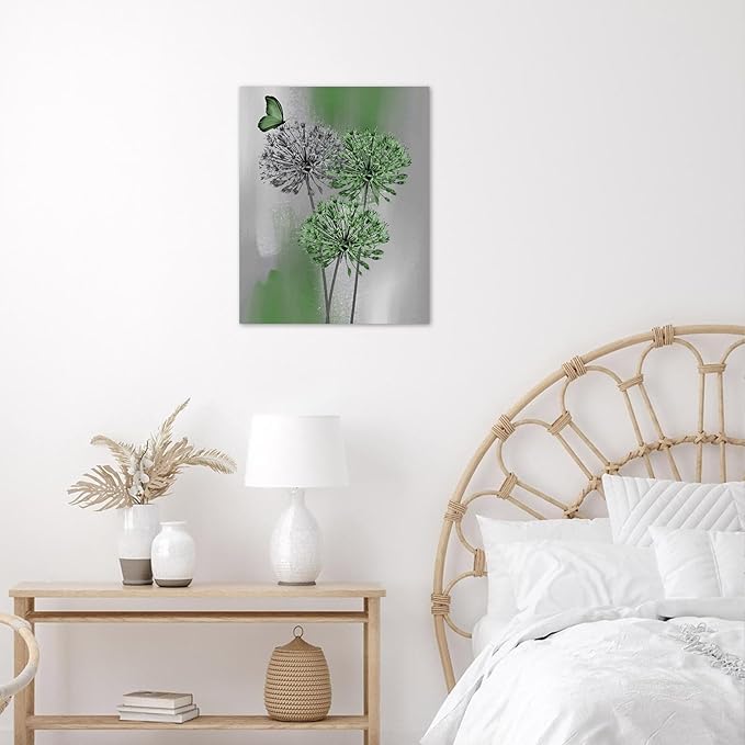 LB Green Dandelion Wall Art Green Grey Dandelion with Butterfly Canvas Wall Art Modern Abstract Wall Art Decor for Living Room Bedroom Bathroom Office Framed Ready to Hang 10L x 8W