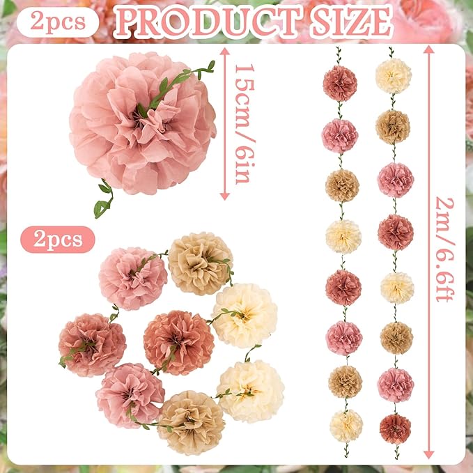 Paper Flower Garland, Rose, Pink, Light Beige, and Cream Color Tissue Paper Flowers Party Decorations, Paper Flowers for Baby Shower, Garden Party, Wedding, Wall Decor, Spring Summer Decor