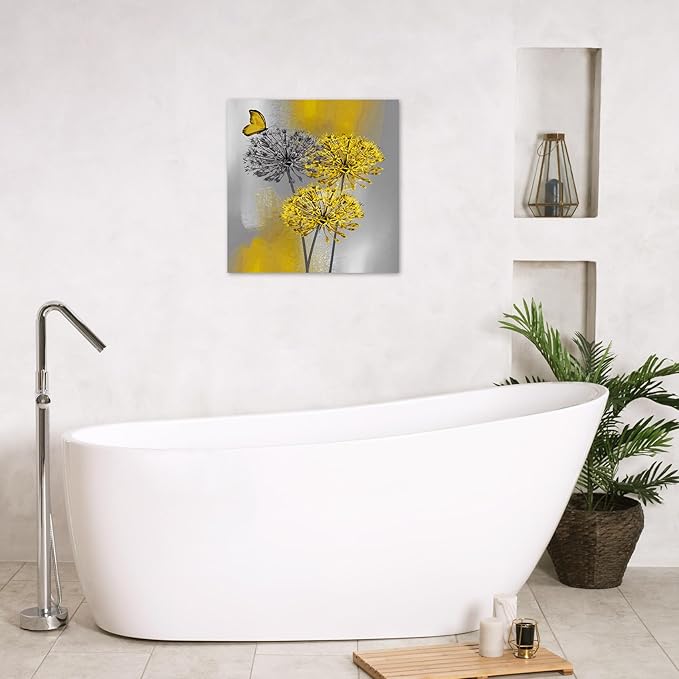 LB Yellow Dandelion Canvas Wall Art Yellow Grey Dandelion with Butterfly on Modern Abstract Wall Art Aesthetic Wall Decor for Living Room Bedroom Bathroom Office Framed Ready to Hang 12L x 12W