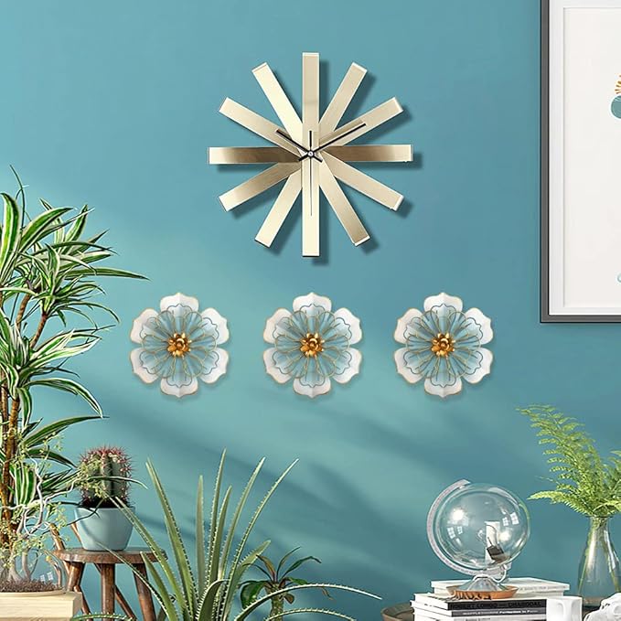 Metal Flower Wall Art Decor, 8.3''Rustic Modern Floral Sculpture, Distressed Iron Wall Hanging Home Decoration Accent Artworks for Indoor Kitchen Bedroom Living Office Outdoor Garden Patio-06 Blue Gold