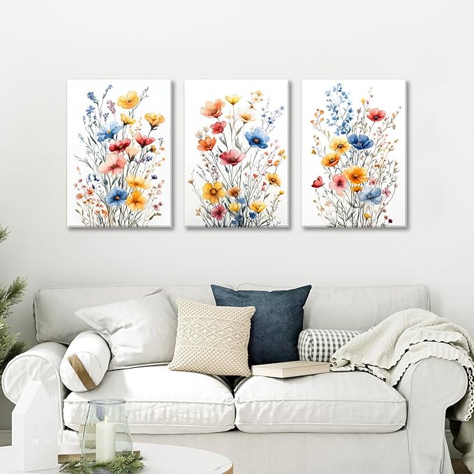 okudolit Colorful Wildflower Framed Canvas Wall Art Set Of 3 Flowers Pictures Prints Flowers Printing Floral Watercolors Flower wall Decor Living Room Bedroom Dinning Room Farmhouse Office-16 x24in