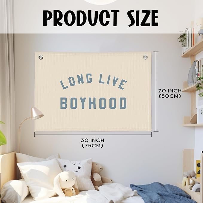 Boys Room Decor, Long Live Boyhood Banner, Baby Boy Shower Decorations, Linen Canvas Banner Wall Hanging Flag Decor for Toddler Boy Room Nursery Playroom 20x30