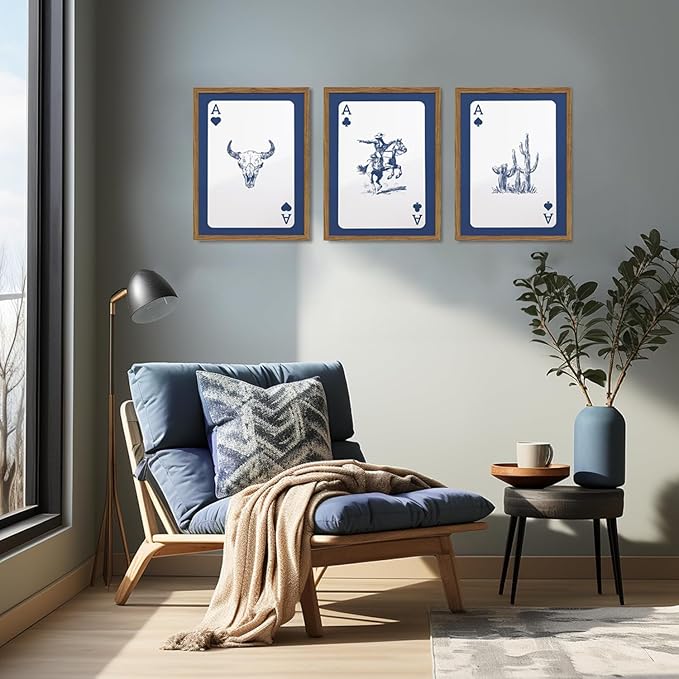 Western Wall Art Set of 3, Blue Cowboy Wall Decor Trendy Southwestern Playing Card Longhorn Bull Skull Poster Canvas Aesthetics Prints for Bedroom Living Room 12x16 inch Wood Framed