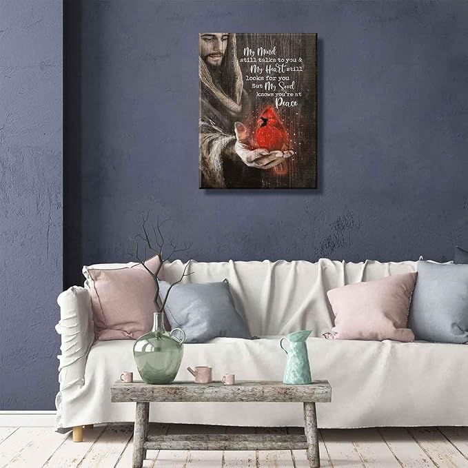 Jesus Cardinal Canvas Wall Art God Christian Decor Red Birds Cardinal Pictures Wall Decor Dining Room Bedroom Office Church Prayer Room Poster Prints Painting Artwork Home Decorate