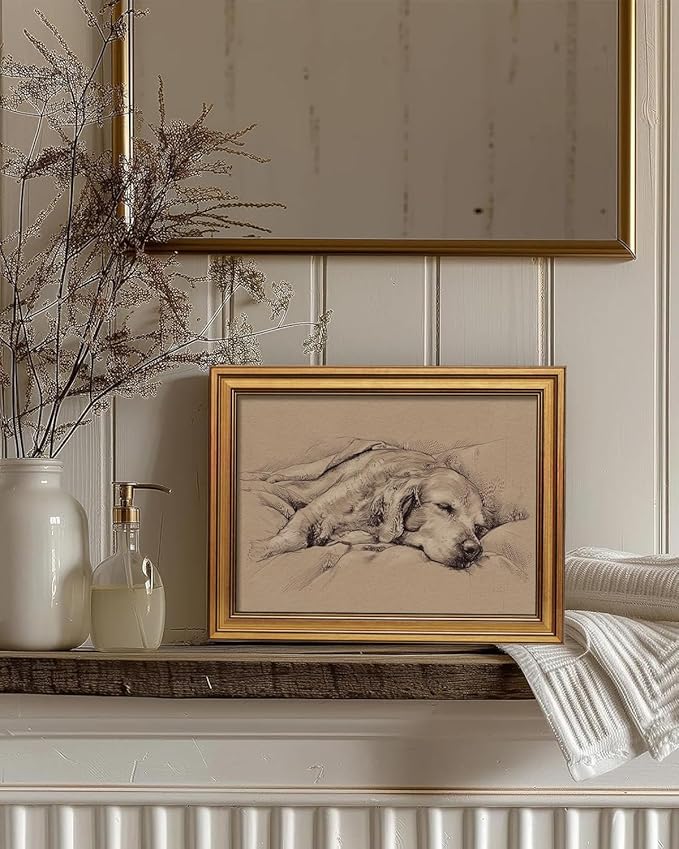 InSimSea Gold Framed Canvas Prints Wall Art, Vintage Dog Decor, Sketch Dog Sleep Paintings Farmhouse Wall Decor Aesthetic, Antique Minimalist Pictures for Bedroom Living Room Shelf, 12x16inch