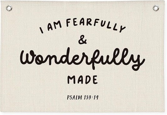 Kids Room Decor - Bible Verse Wall Hanging, 'I am Fearfully and Wonderfully Made' Linen Banner, Canvas Decoration for Classroom, Nursery, Kids Room