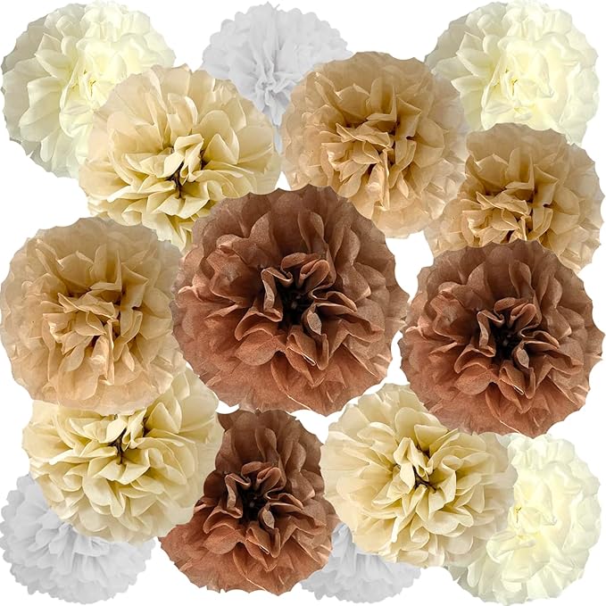 We Moment Brown Tissue Paper Flowers Decorations for Boho Rustic Neutral Birthday Bridal Shower Wedding Baby Shower Party Decor Ceiling Wall Hanging Tissue Pom Poms 12pcs 5 Colors