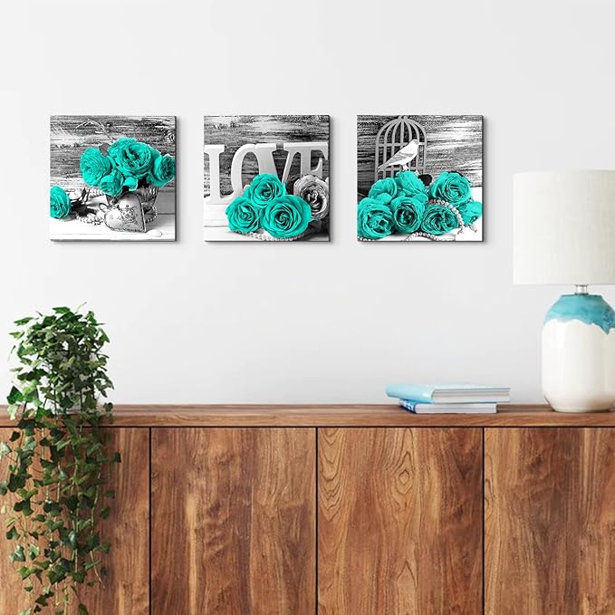 Teal Bathroom Wall Decor Turquoise Teal and Grey Rose Wall Art for Bedroom Living Room Accessories Love Sign Aqua Green Flower Pictures Floral Poster Canvas Artwork Kitchen Home Decoration 12x12" 3