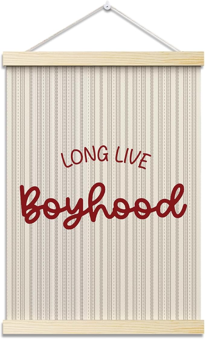 Long Live Boyhood Posters Hanger Frame for Boys Room Red Hanging Poster for Bedroom Kids Room Classroom Decor Stripes Wall Art Decor for Nursery Playroom Canvas Wall Art Print 16x12 Inches - YY046