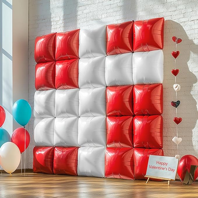 NISOCY 36PCS Red White Square Foil Balloons Wall Backdrop Double Sided Red Pearl White Balloons Arch Kit for Birthday Wedding Bridal Shower Valentine Anniversary Party Decorations
