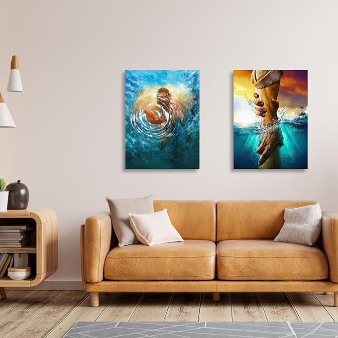 2 Pcs Framed Jesus Wall Art, The Hand of God Jesus Reaching Into Water Poster Prints, Christian Christmas Gifts, Bible Blue Ocean Wrapped Canvas Painting for Church Prayer Room Hospitals 12"x16"