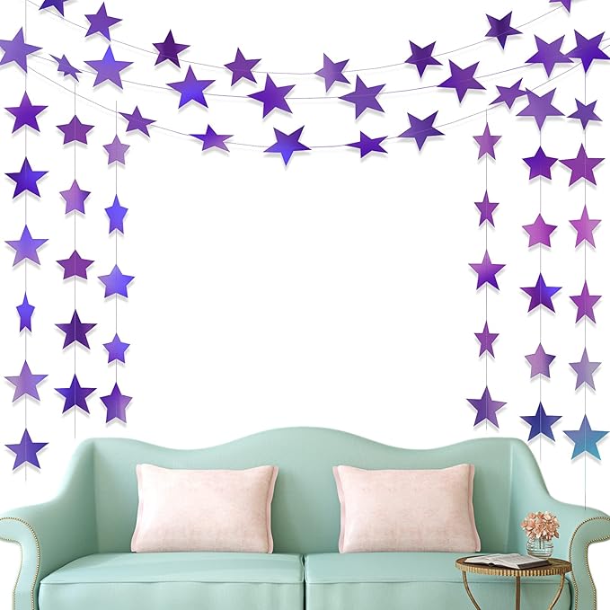 Patelai Glitter Star Garland Banner 2026 Graduation Decor 130 Feet Star Hanging Banner Twinkle Backdrop for Party Birthday Classroom Wedding Supplies(Holographic Purple)