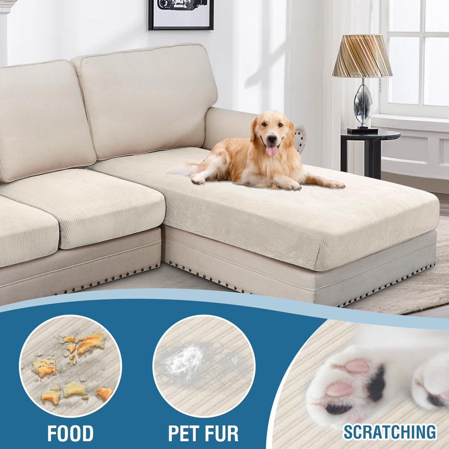 H.VERSAILTEX Velvet Stretch Sectional Couch Covers - 4 Piece Set, L Shape, Ivory Striped (Large Sofa 3 Seater + 1 Chaise)