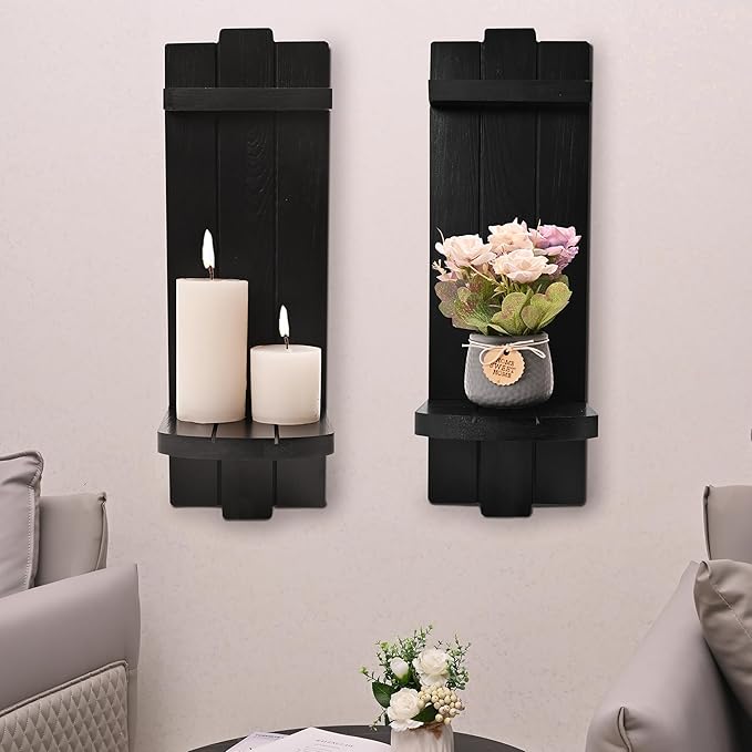 Sconces Set of 2, Large Rustic Candle Holder, Home Decor - Black Wall Art, Floating Candle Sconce Shelf for Living Room, Dining Room, Bedroom, Bathroom