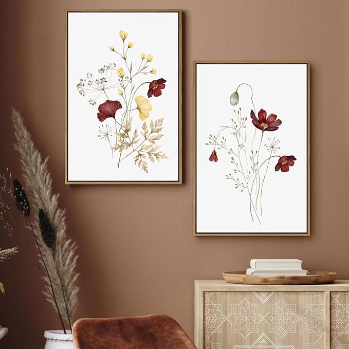 Watercolor Botanical Wall Art Prints Burgundy and Yellow Flower Pictures Wall Decor Colorful Floral Plants Painting Framed Aesthetic Poster for Home Office Kitchen Decoration 2 Pieces Set - 16x24 Inch