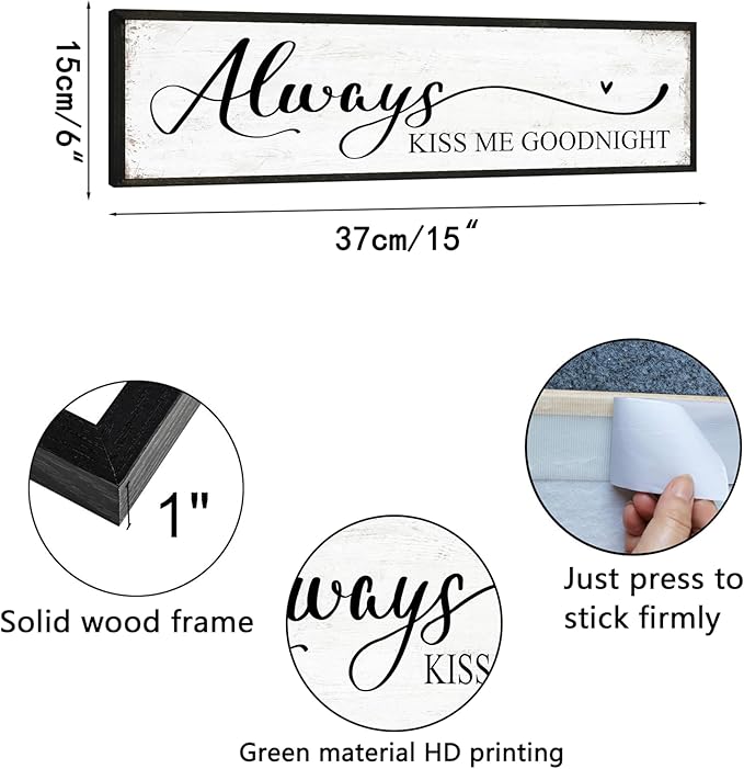 YPY Always Kiss Me Goodnight sign: Sound absorbing painting Wall Art - Wall Decor Farmhouse Decoration for Home Living Room Bedroom, Bible Verse Sign 6" x 14.5"