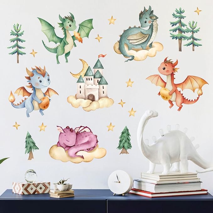 Yovkky Baby Dragon Wall Decals Stickers, Watercolor Castle Pine Tree Cloud Moon Stars Neutral Toddler Nursery Decor, Dragon Eggs Home Decorations Kids Girls Boys Bedroom Playroom Art