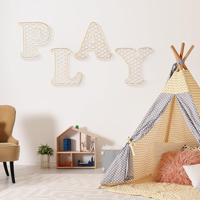 Play Sign - 12 In Wooden Rattan Letters Playroom Sign, Playroom Wall Decor for Toddler Girls Boys, Play Room Wall Decor for Kids Playroom Nursery Room Decorations