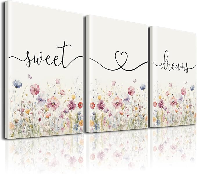 Bedroom Wall Art Decor - Set of 3 Framed Farmhouse Sweet Dreams Sign 12’’x16’’ Above Bed Wall Decor for Bedroom Decor Wall Art Wood Signs (Multicolour, 12’’x16’’)